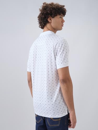 Colorplus men's white cotton polo t-shirt with print pattern, regular fit, half sleeves, casual style.