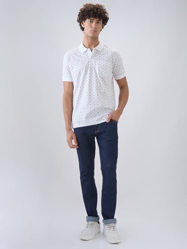 Colorplus men's white cotton polo shirt with print pattern, regular fit, short sleeves, casual T-shirt for men.