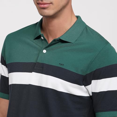 Colorplus Men Regular Fit Structure Pattern Pure Cotton Polo Neck Half Sleeve Straight Hem Casual T-Shirt Medium Green