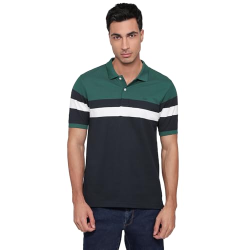Colorplus Men Regular Fit Structure Pattern Pure Cotton Polo Neck Half Sleeve Straight Hem Casual T-Shirt Medium Green