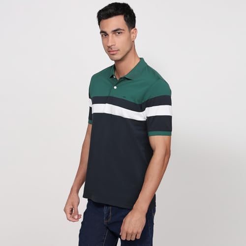 Colorplus Men Regular Fit Structure Pattern Pure Cotton Polo Neck Half Sleeve Straight Hem Casual T-Shirt Medium Green