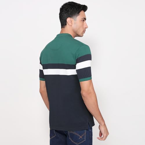Colorplus Men Regular Fit Structure Pattern Pure Cotton Polo Neck Half Sleeve Straight Hem Casual T-Shirt Medium Green
