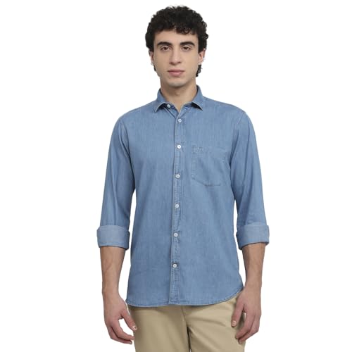 Colorplus Men Regular Fit Solid Pattern Pure Cotton Plain Collar Half Sleeve Straight Hem Casual Shirt Dark Indigo