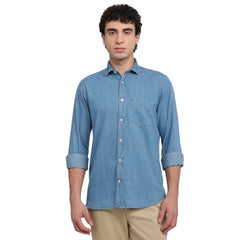 Colorplus Men Regular Fit Solid Pattern Pure Cotton Plain Collar Half Sleeve Straight Hem Casual Shirt Dark Indigo
