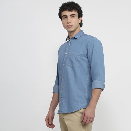 Colorplus Men Regular Fit Solid Pattern Pure Cotton Plain Collar Half Sleeve Straight Hem Casual Shirt Dark Indigo