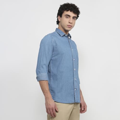 Colorplus Men Regular Fit Solid Pattern Pure Cotton Plain Collar Half Sleeve Straight Hem Casual Shirt Dark Indigo