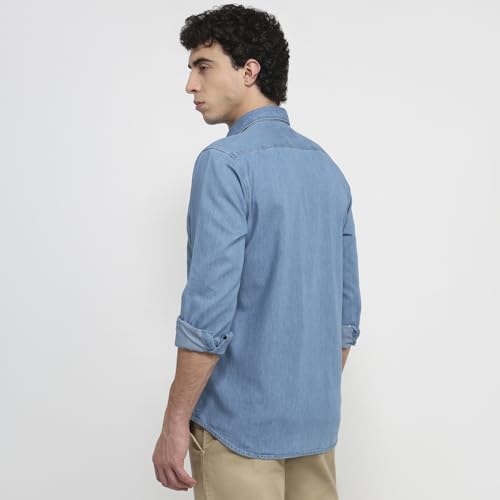 Colorplus Men Regular Fit Solid Pattern Pure Cotton Plain Collar Half Sleeve Straight Hem Casual Shirt Dark Indigo
