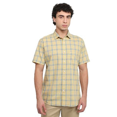 Colorplus Men Regular Fit Checks Pattern Pure Cotton Plain Collar Half Sleeve Tail Bottom Hem Casual Shirt Medium Fawn