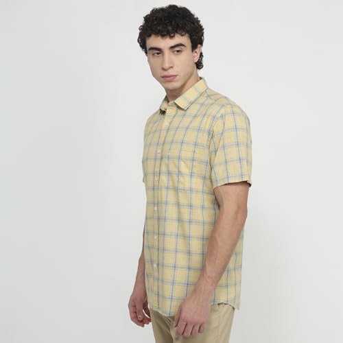 Colorplus Men Regular Fit Checks Pattern Pure Cotton Plain Collar Half Sleeve Tail Bottom Hem Casual Shirt Medium Fawn