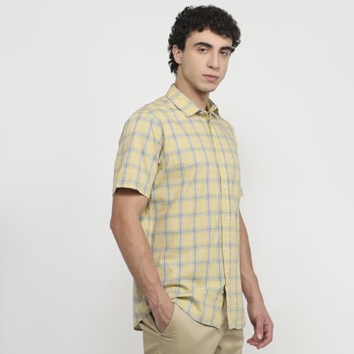 Colorplus Men Regular Fit Checks Pattern Pure Cotton Plain Collar Half Sleeve Tail Bottom Hem Casual Shirt Medium Fawn