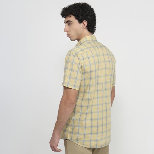 Colorplus Men Regular Fit Checks Pattern Pure Cotton Plain Collar Half Sleeve Tail Bottom Hem Casual Shirt Medium Fawn