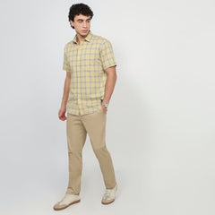 Colorplus Men Regular Fit Checks Pattern Pure Cotton Plain Collar Half Sleeve Tail Bottom Hem Casual Shirt Medium Fawn