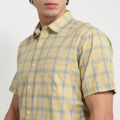 Colorplus Men Regular Fit Checks Pattern Pure Cotton Plain Collar Half Sleeve Tail Bottom Hem Casual Shirt Medium Fawn