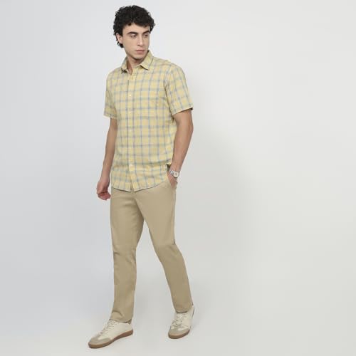 Colorplus Men Regular Fit Checks Pattern Pure Cotton Plain Collar Half Sleeve Tail Bottom Hem Casual Shirt Medium Fawn