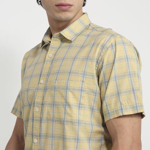 Colorplus Men Regular Fit Checks Pattern Pure Cotton Plain Collar Half Sleeve Tail Bottom Hem Casual Shirt Medium Fawn