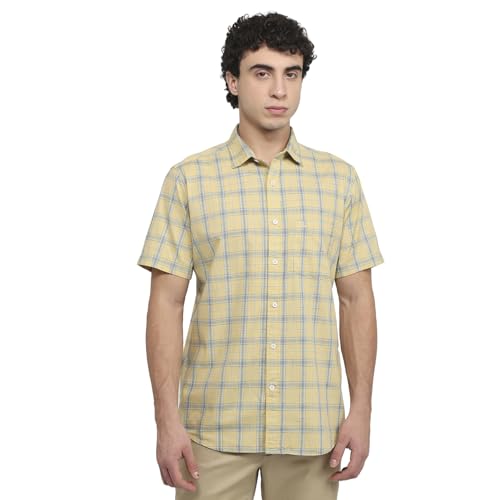 Colorplus Men Regular Fit Checks Pattern Pure Cotton Plain Collar Half Sleeve Tail Bottom Hem Casual Shirt Medium Fawn