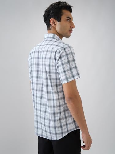 Colorplus Men Regular Fit Checks Pattern Pure Cotton Plain Collar Half Sleeve Tail Bottom Hem Casual Shirt White