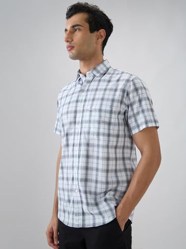 Colorplus Men Regular Fit Checks Pattern Pure Cotton Plain Collar Half Sleeve Tail Bottom Hem Casual Shirt White