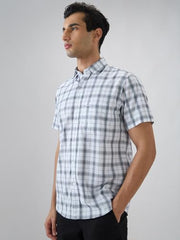 Colorplus Men Regular Fit Checks Pattern Pure Cotton Plain Collar Half Sleeve Tail Bottom Hem Casual Shirt White