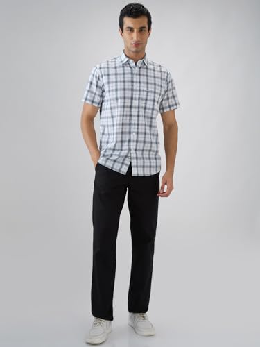 Colorplus Men Regular Fit Checks Pattern Pure Cotton Plain Collar Half Sleeve Tail Bottom Hem Casual Shirt White