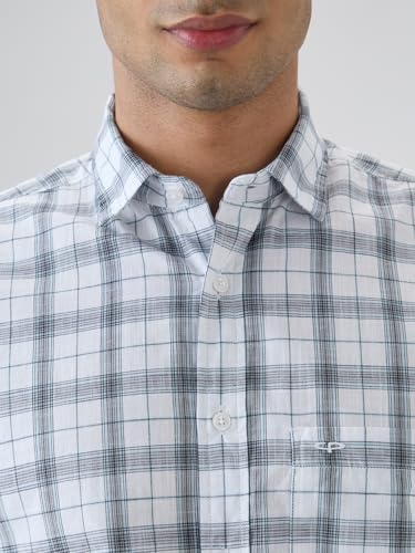 Colorplus Men Regular Fit Checks Pattern Pure Cotton Plain Collar Half Sleeve Tail Bottom Hem Casual Shirt White