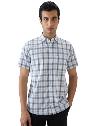 Colorplus Men Regular Fit Checks Pattern Pure Cotton Plain Collar Half Sleeve Tail Bottom Hem Casual Shirt White
