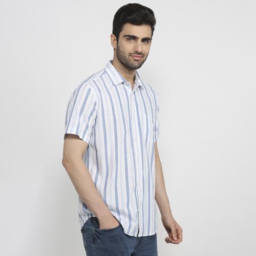 Colorplus Men Regular Fit Stripe Pattern Pure Cotton Plain Collar Half Sleeve Tail Bottom Hem Casual Shirt Medium Blue
