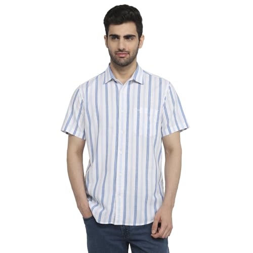 Colorplus Men Regular Fit Stripe Pattern Pure Cotton Plain Collar Half Sleeve Tail Bottom Hem Casual Shirt Medium Blue