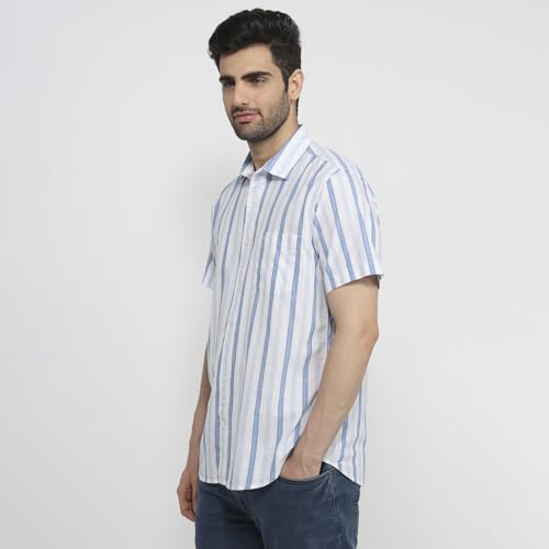 Colorplus Men Regular Fit Stripe Pattern Pure Cotton Plain Collar Half Sleeve Tail Bottom Hem Casual Shirt Medium Blue