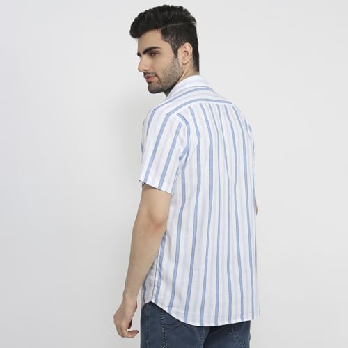 Colorplus Men Regular Fit Stripe Pattern Pure Cotton Plain Collar Half Sleeve Tail Bottom Hem Casual Shirt Medium Blue