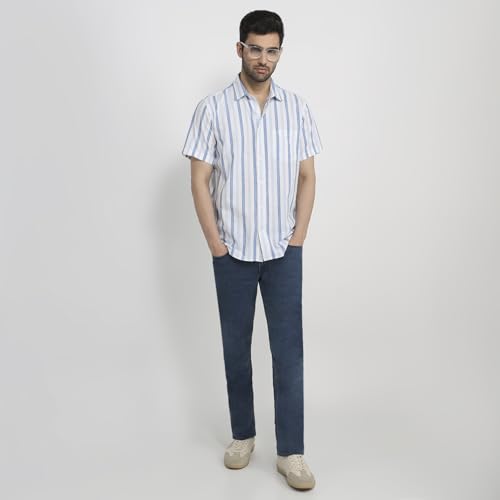 Colorplus Men Regular Fit Stripe Pattern Pure Cotton Plain Collar Half Sleeve Tail Bottom Hem Casual Shirt Medium Blue
