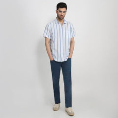 Colorplus Men Regular Fit Stripe Pattern Pure Cotton Plain Collar Half Sleeve Tail Bottom Hem Casual Shirt Medium Blue