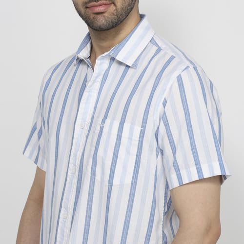 Colorplus Men Regular Fit Stripe Pattern Pure Cotton Plain Collar Half Sleeve Tail Bottom Hem Casual Shirt Medium Blue