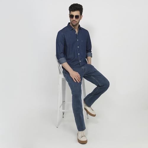 Colorplus Men Regular Fit Solid Pattern Pure Cotton Plain Collar Half Sleeve Straight Hem Casual Shirt Dark Indigo