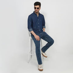 Colorplus Men Regular Fit Solid Pattern Pure Cotton Plain Collar Half Sleeve Straight Hem Casual Shirt Dark Indigo