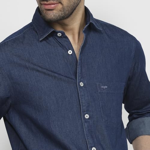 Colorplus Men Regular Fit Solid Pattern Pure Cotton Plain Collar Half Sleeve Straight Hem Casual Shirt Dark Indigo