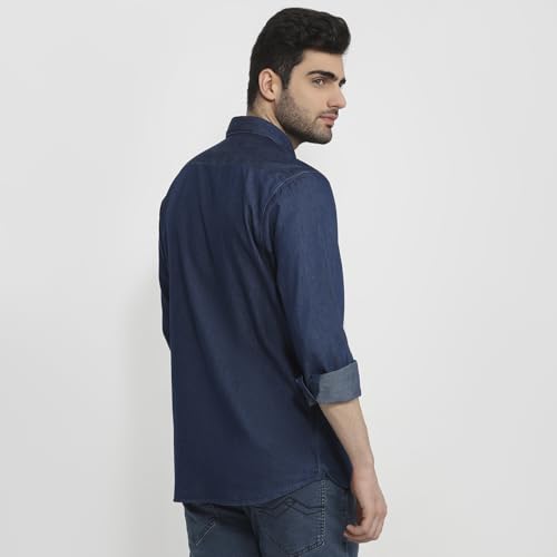 Colorplus Men Regular Fit Solid Pattern Pure Cotton Plain Collar Half Sleeve Straight Hem Casual Shirt Dark Indigo
