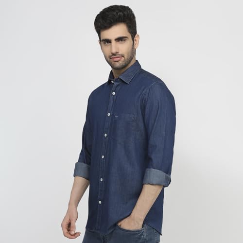 Colorplus Men Regular Fit Solid Pattern Pure Cotton Plain Collar Half Sleeve Straight Hem Casual Shirt Dark Indigo