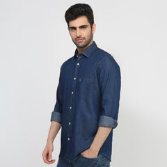 Colorplus Men Regular Fit Solid Pattern Pure Cotton Plain Collar Half Sleeve Straight Hem Casual Shirt Dark Indigo