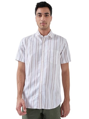 Colorplus Men Regular Fit Stripe Pattern Linen Blend Plain Collar Half Sleeve Tail Bottom Hem Casual Shirt Fawn
