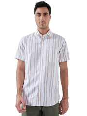 Colorplus Men Regular Fit Stripe Pattern Linen Blend Plain Collar Half Sleeve Tail Bottom Hem Casual Shirt Fawn