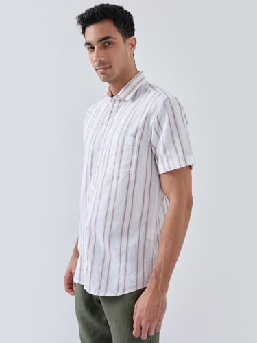 Colorplus Men Regular Fit Stripe Pattern Linen Blend Plain Collar Half Sleeve Tail Bottom Hem Casual Shirt Fawn