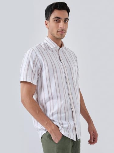 Colorplus Men Regular Fit Stripe Pattern Linen Blend Plain Collar Half Sleeve Tail Bottom Hem Casual Shirt Fawn
