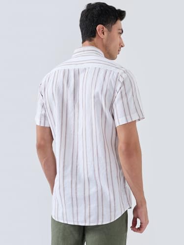 Colorplus Men Regular Fit Stripe Pattern Linen Blend Plain Collar Half Sleeve Tail Bottom Hem Casual Shirt Fawn