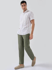 Colorplus Men Regular Fit Stripe Pattern Linen Blend Plain Collar Half Sleeve Tail Bottom Hem Casual Shirt Fawn