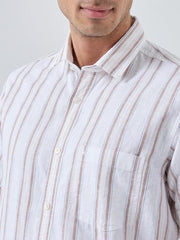 Colorplus Men Regular Fit Stripe Pattern Linen Blend Plain Collar Half Sleeve Tail Bottom Hem Casual Shirt Fawn