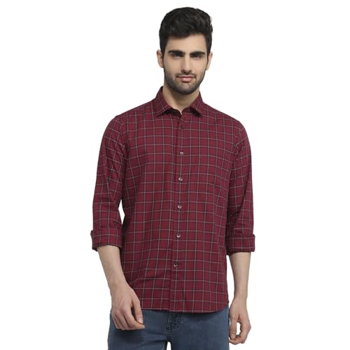 Colorplus Men Regular Fit Checks Pattern Pure Cotton Plain Collar Full Sleeve Tail Bottom Hem Casual Shirt Dark Maroon