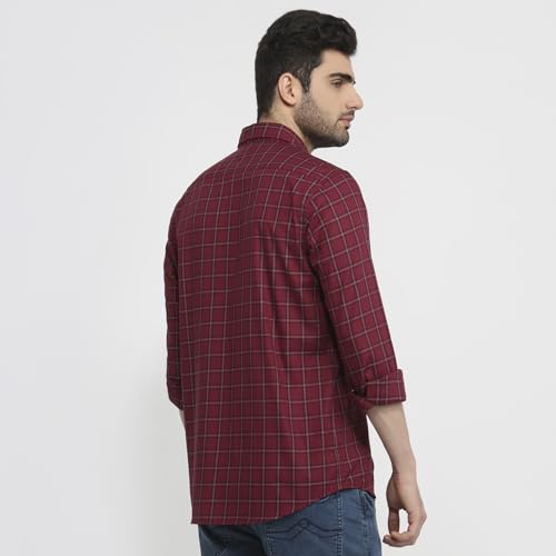 Colorplus Men Regular Fit Checks Pattern Pure Cotton Plain Collar Full Sleeve Tail Bottom Hem Casual Shirt Dark Maroon