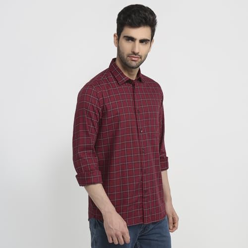 Colorplus Men Regular Fit Checks Pattern Pure Cotton Plain Collar Full Sleeve Tail Bottom Hem Casual Shirt Dark Maroon