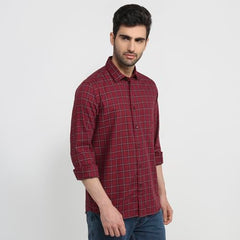 Colorplus Men Regular Fit Checks Pattern Pure Cotton Plain Collar Full Sleeve Tail Bottom Hem Casual Shirt Dark Maroon